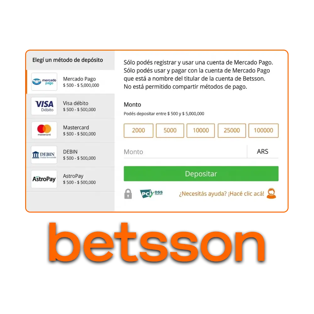 Opciones y métodos de pago disponibles para depósitos y retiros en Betsson Argentina.