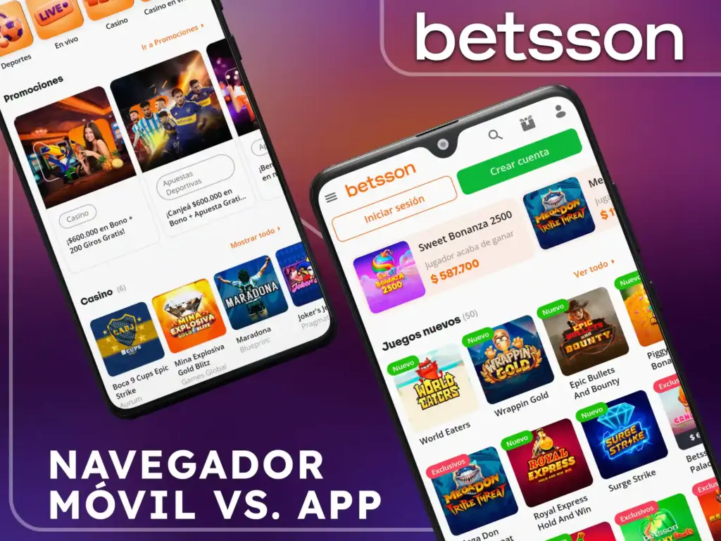 Tabla comparativa entre el uso del sitio móvil desde el navegador y la aplicación dedicada de Betsson Argentina.