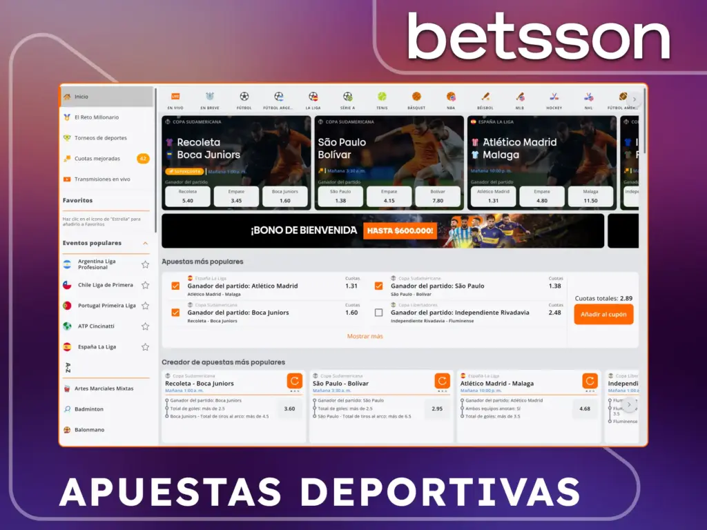 Sección de apuestas deportivas en la plataforma de Betsson adaptada para usuarios de Argentina.