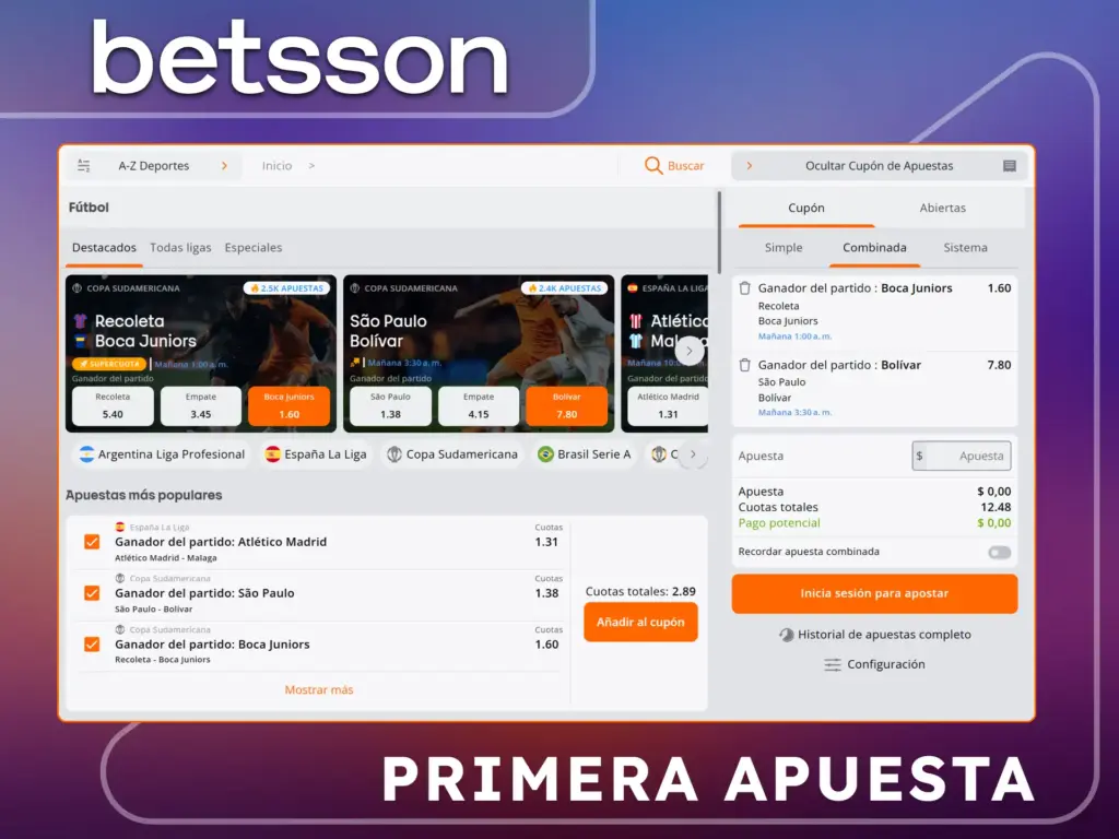 Guía explicativa para colocar una primera apuesta deportiva paso a paso en Betsson Argentina.