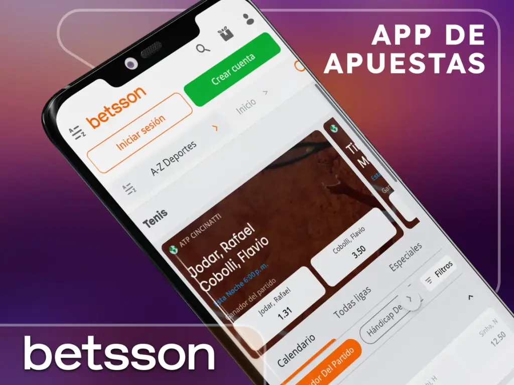 Interfaz de la aplicación móvil de Betsson Argentina mostrando apuestas deportivas de tenis en vivo.