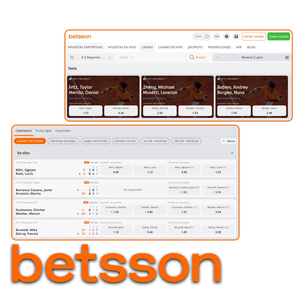Sección de apuestas deportivas de tenis online y en vivo en la plataforma de Betsson Argentina.